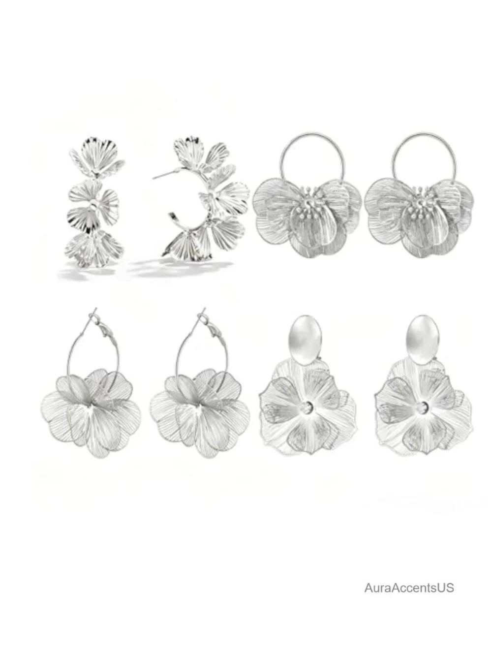 Gold Flower Statement Earrings for Women, 4 Pairs Trendy Hoop Floral Drop
